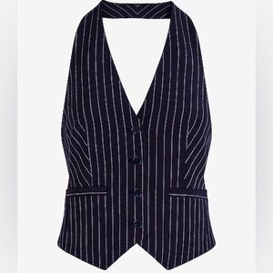 Express Pinstripe Halter Vest Sleeveless Button Front Navy Blue White Size L